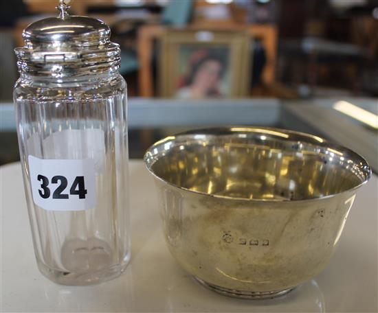 Silver sugar bowl and a silver mounted mustard pot